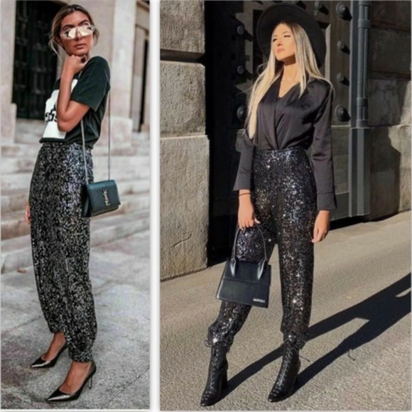 NEW ZARA Black Sequin Pants XS - Picture 1 of 13